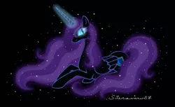 Size: 709x435 | Tagged: safe, artist:silverarrow87, derpibooru import, oc, oc:nyx, unofficial characters only, alicorn, pony, fanfic:past sins, alicorn oc, black background, ethereal mane, fanfic art, female, horn, mare, prone, signature, simple background, slit pupils, solo, wings