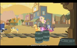 Size: 960x600 | Tagged: applejack, appleloosa, berry punch, berryshine, derpibooru import, doctor whooves, fluttershy, goldengrape, over a barrel, rarity, safe, screencap, sir colton vines iii, time turner, youtube caption