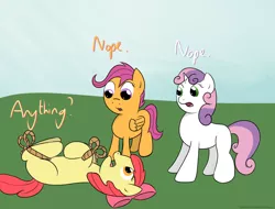 Size: 1346x1024 | Tagged: apple bloom, artist:pexpy, cutie mark crusaders, derpibooru import, on back, rope, safe, scootaloo, sweetie belle, tied up
