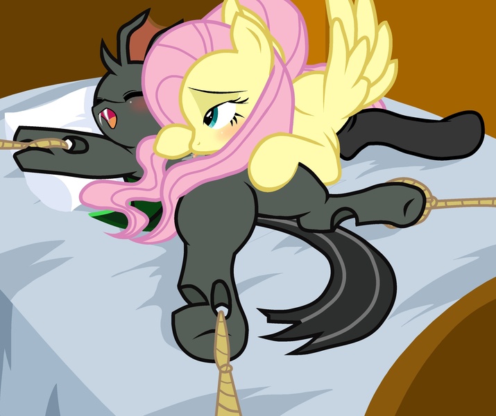 Size: 3024x2536 | Tagged: questionable, artist:pyruvate, derpibooru import, fluttershy, oc, oc:vesairus, changeling, bed, blushing, bondage, canon x oc, changeling oc, flutterus, high res, spread eagle, tickling