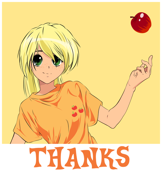 Size: 9462x10022 | Tagged: absurd resolution, anime, apple, applejack, artist:up1ter, blonde, derpibooru import, food, grin, hatless, humanized, missing accessory, obligatory apple, safe, simple background, smiling, solo, style emulation, vector