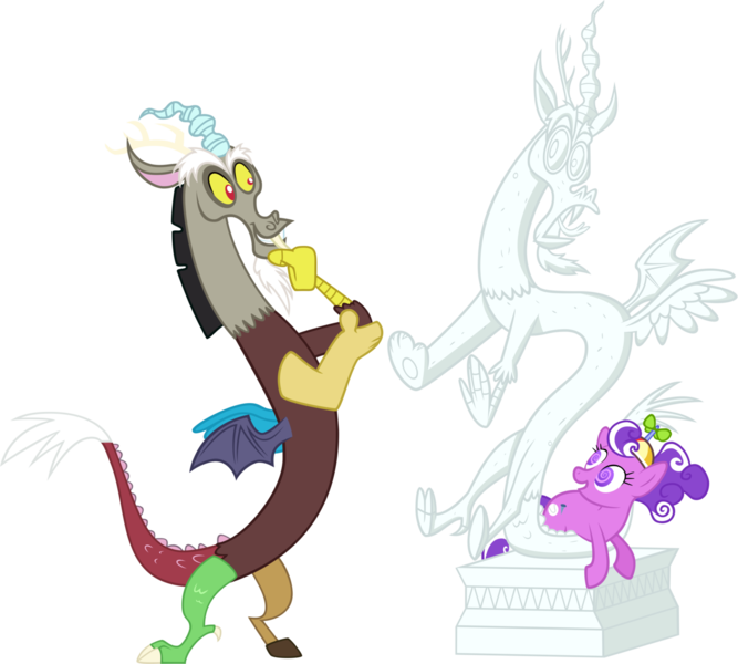 Size: 1280x1152 | Tagged: safe, artist:emper24, derpibooru import, discord, screwball, draconequus, pony, admiring, checking himself out, duo, female, hat, male, mare, propeller hat, self ponidox, simple background, statue, statue discord, swirly eyes, transparent background, vector
