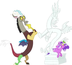Size: 1280x1152 | Tagged: safe, artist:emper24, derpibooru import, discord, screwball, draconequus, pony, admiring, checking himself out, duo, female, hat, male, mare, propeller hat, self ponidox, simple background, statue, statue discord, swirly eyes, transparent background, vector