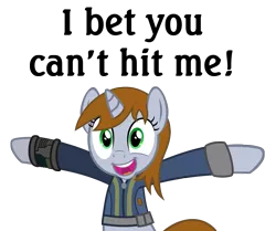 Size: 1161x971 | Tagged: safe, artist:brisineo, derpibooru import, doomie, oc, oc:littlepip, unofficial characters only, pony, unicorn, fallout equestria, fanfic, clothes, fanfic art, female, hooves, horn, image macro, looking at you, mare, open mouth, pipbuck, simple background, smiling, solo, teeth, text, transparent background, vault suit, vector