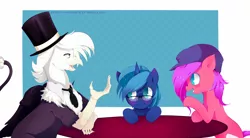 Size: 1280x708 | Tagged: safe, artist:kari-chan, artist:princessmisery, derpibooru import, oc, oc:jackleapp, oc:paleosteno, unofficial characters only, earth pony, gryphon, pony, unicorn, conversation, glasses, griffonsona, hirosashii, musician, ponysona