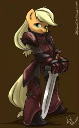 Size: 1000x1622 | Tagged: anthro, applejack, armor, artist:atryl, derpibooru import, safe, solo, sword, unguligrade anthro, weapon