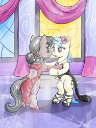 Size: 1200x1600 | Tagged: safe, artist:muffinshire, derpibooru import, octavia melody, vinyl scratch, pony, bipedal, blushing, canterlot ballroom, clothes, dancing, dress, female, gala dress, gloves, jewelry, lesbian, scratchtavia, shipping, shoes