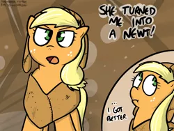 Size: 800x600 | Tagged: applejack, artist:pokehidden, cross-eyed, cute, derpibooru import, funny, liar face, liarjack, monty python, monty python and the holy grail, newt, parody, safe, scrunchy face, solo