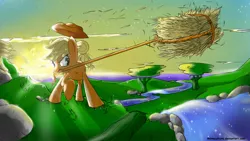 Size: 1920x1080 | Tagged: action pose, applejack, artist:animeculture, derpibooru import, hay, mouth hold, river, safe, solo, throwing, wallpaper
