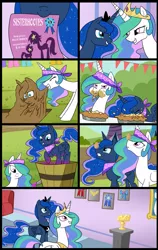 Size: 1203x1900 | Tagged: artist:madmax, bandana, blue ribbon, comic, contest, derpibooru import, eating contest, egg, grapes, grape stomping, mud, pie, princess celestia, princess luna, safe, sisterhooves social, sisters, trophy