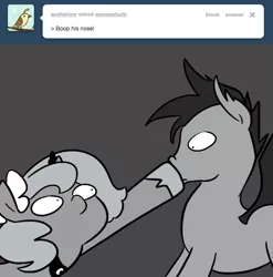 Size: 666x673 | Tagged: safe, artist:egophiliac, derpibooru import, princess luna, oc, oc:frolicsome meadowlark, bat pony, pony, moonstuck, ask, boop, comic, filly, flower, flower in hair, grayscale, monochrome, moonflower, tumblr, woona, woonoggles, younger