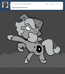 Size: 666x761 | Tagged: safe, artist:egophiliac, derpibooru import, princess luna, pony, moonstuck, animated, ask, cartographer's cap, comic, grayscale, hat, monochrome, skipping, solo, tumblr, woona, woonoggles