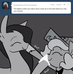 Size: 666x673 | Tagged: safe, artist:egophiliac, derpibooru import, princess luna, oc, oc:echo (egophiliac), bat pony, pony, moonstuck, ask, boop, cartographer's cap, comic, cute, eyes closed, grayscale, hat, monochrome, nose wrinkle, smiling, tumblr, woona