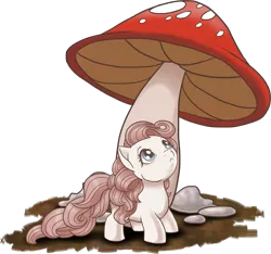 Size: 1491x1396 | Tagged: safe, artist:hollowzero, derpibooru import, pony, :<, cute, frown, g1, little whiskers, looking up, micro, mushroom, simple background, solo, tiny, tiny ponies, transparent background