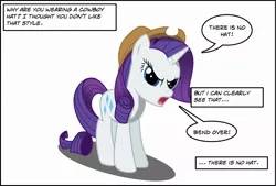 Size: 2344x1580 | Tagged: artist:bcrich40, bend over, derpibooru import, dialogue, hat, offscreen character, random, rarity, safe