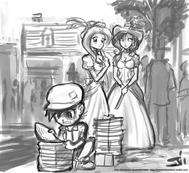 Size: 800x733 | Tagged: artist:johnjoseco, crying, derpibooru import, feels, fluttershy, grayscale, human, humanized, monochrome, newsboy, newspaper, pipsqueak, poor, rarity, safe, victorian