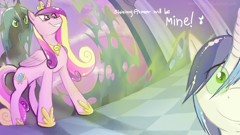 Size: 1366x768 | Tagged: safe, artist:timtheflyfox, derpibooru import, princess cadance, queen chrysalis, shining armor, alicorn, changeling, changeling queen, pony, unicorn, a canterlot wedding, action pose, deviantart link, disguise, disguised changeling, fake cadance, female, frown, grin, image, male, mare, mind control, png, signature, smiling, stallion, standing, this day aria