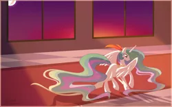 Size: 2400x1500 | Tagged: safe, artist:kumkrum, derpibooru import, princess celestia, alicorn, pony, clothes, dancing, dress, female, mare, mare in the moon, moon, sunrise