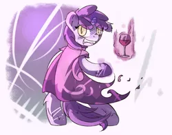 Size: 857x671 | Tagged: safe, artist:haute-claire, derpibooru import, ruby pinch, pony, unicorn, vampire, bipedal, female, filly, glass, wine glass, yellow eyes