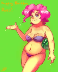 Size: 900x1125 | Tagged: artist:polyle, bandeau, beach ball, belly button, bikini, blue swimsuit, breasts, chubby, clothes, derpibooru import, humanized, needs more saturation, pinkie pie, plump, suggestive, swimsuit, watermelon
