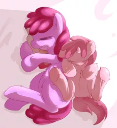 Size: 838x909 | Tagged: dead source, safe, artist:haute-claire, derpibooru import, berry punch, berryshine, ruby pinch, earth pony, pony, unicorn, belly fluff, bottle, duo, fluffy, mother and daughter, sleeping