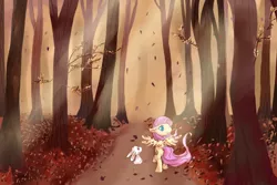 Size: 600x400 | Tagged: safe, artist:cheerubi, derpibooru import, angel bunny, fluttershy, pegasus, pony, rabbit, animal, autumn, crepuscular rays, duo, female, floppy ears, forest, leaves, looking up, mare, outdoors, path, rear view, smiling, spread wings, walking, wings