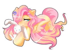 Size: 810x630 | Tagged: safe, artist:crownofspadez, derpibooru import, fluttershy, pegasus, pony, blushing, female, flower, flower in hair, hair over one eye, lidded eyes, mare, open mouth, outline, plushie, prone, simple background, solo, three quarter view, transparent background, white outline, wings