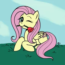 Size: 945x945 | Tagged: artist:megasweet, artist:plasters-ponies, colored, cute, derpibooru import, flower, flower in mouth, fluttershy, mouth hold, one eye closed, prone, rose, safe, shyabetes, solo, wink