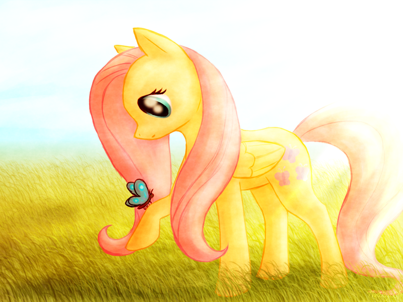 Size: 1024x768 | Tagged: safe, artist:thedogzlife, derpibooru import, fluttershy, butterfly, pegasus, pony, crepuscular rays, female, folded wings, grass, hoof hold, looking at something, looking down, mare, outdoors, profile, raised hoof, solo, standing, wings