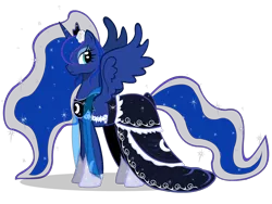 Size: 1200x900 | Tagged: artist:cartoontiger, beautiful, clothes, derpibooru import, dress, flower, flower in hair, gala dress, hair over one eye, looking at you, princess luna, safe, simple background, smiling, solo, sparkles, spread wings, transparent background, vector