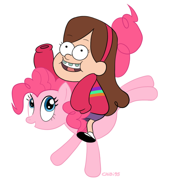 Size: 1188x1274 | Tagged: artist:chibi95, crossover, derpibooru import, gravity falls, humans riding ponies, mabel pines, pinkie pie, safe, simple background, transparent background