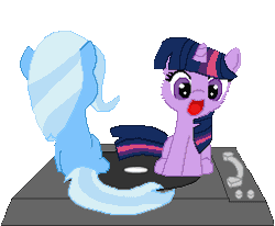Size: 255x210 | Tagged: animated, artist:tomdantherock, cute, derpibooru import, diatrixes, filly, happy, record player, safe, simple background, spinning, transparent background, trixie, turntable pony, twiabetes, twilight sparkle, you spin me right round