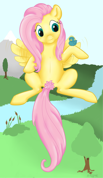 Size: 1075x1853 | Tagged: safe, artist:cynicalmoose, derpibooru import, fluttershy, bird, pegasus, pony, female, mare, nudity, pubic hair, solo, tree, wings