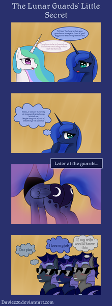 Size: 1200x3280 | Tagged: suggestive, artist:daviez20, derpibooru import, princess celestia, princess luna, bat pony, pony, blood, comic, lip bite, missing accessory, moonbutt, night guard, nosebleed, pervert, plot, royal guard, sunglasses, thinking, thought bubble