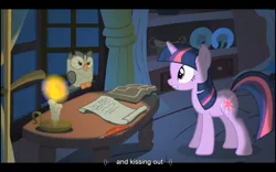 Size: 1024x640 | Tagged: derpibooru import, owlowiscious, owl's well that ends well, safe, screencap, twilight sparkle, youtube caption