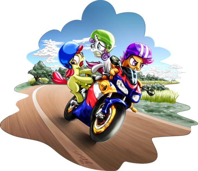 Size: 1560x1350 | Tagged: apple bloom, artist:dcpip, cutie mark crusaders, derpibooru import, motorcycle, riding, safe, scared, scootaloo, sweetie belle