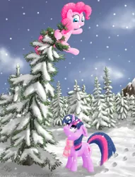 Size: 1525x2000 | Tagged: safe, artist:overlord103, derpibooru import, pinkie pie, twilight sparkle, earth pony, pony, unicorn, clothes, featured image, fir tree, forest, image, jpeg, scarf, snow, snowfall, unicorn twilight, winter