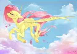 Size: 1697x1200 | Tagged: artist:cindacry, butterfly, derpibooru import, eyes closed, fluttershy, flying, safe, solo, unshorn fetlocks