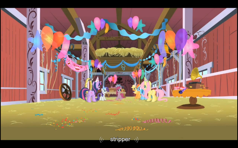 Size: 1024x640 | Tagged: applejack, derpibooru import, fluttershy, party of one, pinkie pie, rainbow dash, rarity, safe, screencap, strippers, twilight sparkle, youtube caption