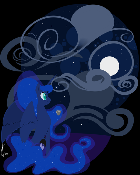 Size: 1000x1250 | Tagged: safe, artist:valcron, derpibooru import, princess luna, alicorn, pony, cutie mark, female, hooves, horn, hot chocolate, lineless, mare, minimalist, moon, sitting, smiling, solo, spread wings, wings