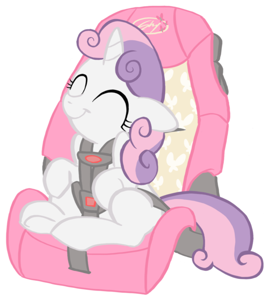 Size: 1400x1568 | Tagged: artist:artsy-fartsie, artist is trying to kill us, car seat, cute, derpibooru import, diasweetes, eyes closed, floppy ears, happy, safe, seatie belt, simple background, sitting, smiling, solo, sweetie belle, :t, transparent background, underhoof, vector