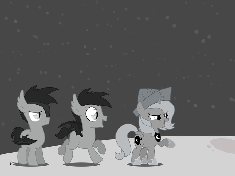 Size: 1600x1200 | Tagged: safe, artist:egophiliac, derpibooru import, princess luna, oc, oc:frolicsome meadowlark, oc:sunshine smiles (egophiliac), alicorn, bat pony, pony, moonstuck, cartographer's cap, eyepatch, female, filly, grayscale, hat, monochrome, moon, trio, woona, younger