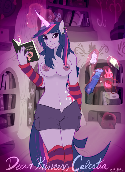 Size: 654x900 | Tagged: anthro, artist:toxic neon shayde, book, breasts, clothes, derpibooru import, dildo, feather, female, lube, nipples, nudity, piercing, questionable, sex toy, topless, twilight sparkle, vibrator