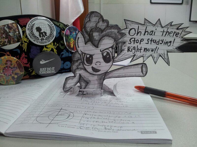 Size: 1024x768 | Tagged: safe, derpibooru import, pinkie pie, earth pony, pony, female, fourth wall, fourth wall breach, grayscale, irl, monochrome, notebook, paper child, photo, traditional art