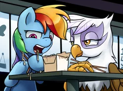 Size: 1036x770 | Tagged: safe, artist:gsphere, derpibooru import, gilda, rainbow dash, gryphon, pegasus, pony, chopsticks, duo, duo female, eating, female, food, instant noodles, mare, noodles, open mouth, smiling, smirk, table, unopposable hooves