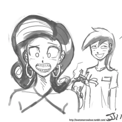 Size: 1280x1280 | Tagged: artist:johnjoseco, braces, dental plan, derpibooru import, grayscale, human, humanized, minuette, monochrome, rarity, safe, slugbox, trollface