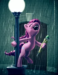 Size: 1313x1688 | Tagged: safe, artist:giantmosquito, derpibooru import, pinkie pie, pony, bipedal, cute, diapinkes, eyes closed, lamppost, open mouth, parody, rain, singin' in the rain, singing, smiling, solo, streetlight, umbrella, wet, wet mane, wip