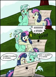 Size: 2374x3264 | Tagged: safe, artist:ciriliko, derpibooru import, bon bon, lyra heartstrings, sweetie drops, comic, creeper, female, high res, hug, lesbian, lyrabon, scared, shipper on deck, shipping, zas