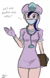 Size: 600x932 | Tagged: safe, artist:johnjoseco, derpibooru import, minuette, human, clipboard, colored, costume, dentist, gloves, head mirror, humanized, image, medical gloves, nightmare night, png, rubber gloves, stethoscope, surgical mask