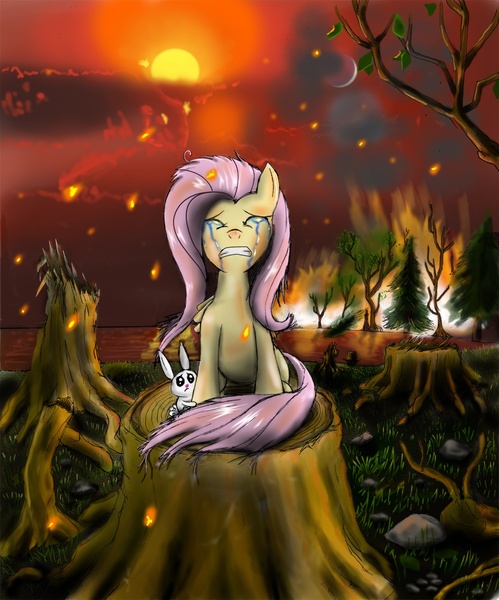 Size: 997x1200 | Tagged: safe, artist:hereticofdune, derpibooru import, angel bunny, fluttershy, pegasus, pony, rabbit, animal, burning, crying, devistation, female, fire, forest, mare, sitting, tree